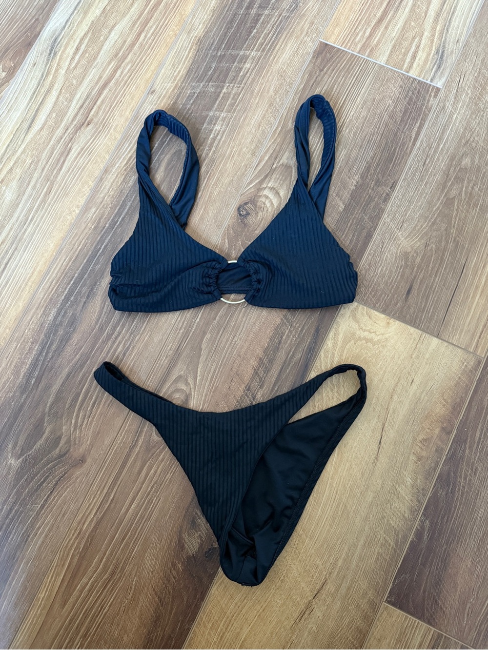 Vitamin A Black Ribbed Ring-Detail Bikini